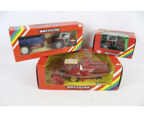 Three Britains 1:32 scale 'Massey Ferguson' farming vehicles. Comprising a Tractor with Muck Trailer 9587, a Tractor 9529 and