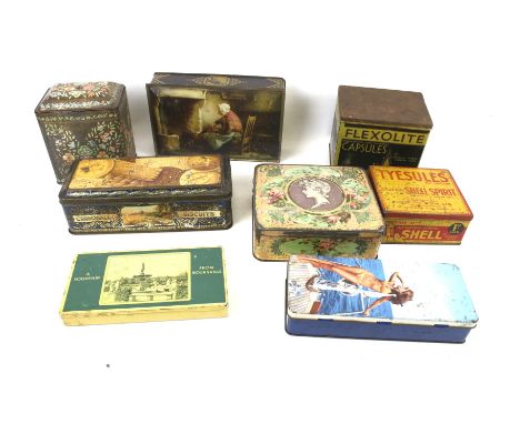 A collection of vintage tins. Including 'Mazawattee Tea', 'Tyesules filled with Shell Spirit, etc.