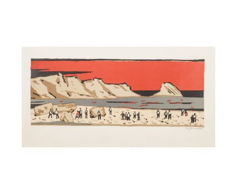 KÜNSTLER/IN 20. Jh., "Am Strand der Mittelmeerküste", Farblithographie/Papier, u.re. mit Bleistift undeutlich signiert, HxB: 