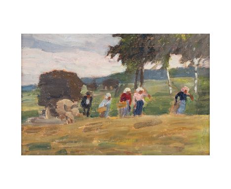 PAMPEL, HERMANN (1867-1935, Prof.), "Ernte im Voralpenland", Öl/Leinwand, HxB: ca. 25x37 cm (33x45 cm mit Rahmen). Alters- un