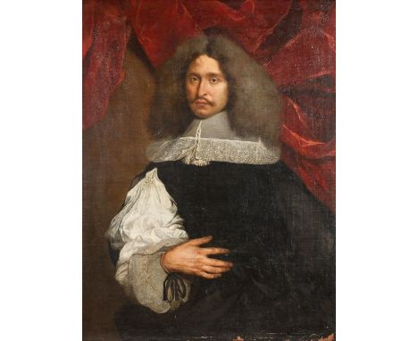 MALER/IN DES 17. JH., "Herrenportrait", 2. Drittel 17. Jh., Halbbildnis vor einer roten Draperie stehend. Sein Blick ist dem 