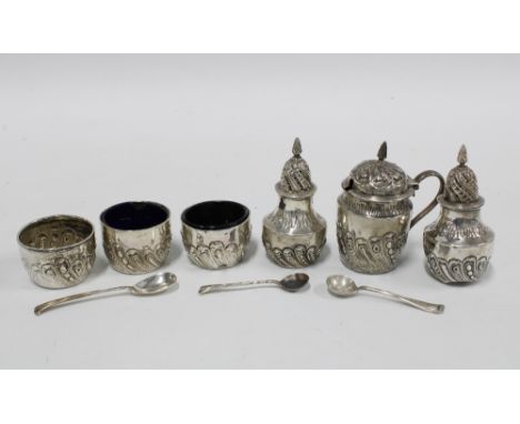 Victorian six piece silver condiment set with mustard, three salts and two pepper pots, Birmingham 1870, together with three 