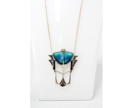 PAT CHENEY, Art Nouveau style silver and enamel pendant necklace, with original box 