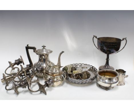 Carton containing a quantity of Epns and silver plate to include a trophy cup, part candelabras, teaset, etc (a lot) 