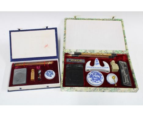 Two chinoiserie boxed calligraphy sets, larger 29 x 19cm (2) 