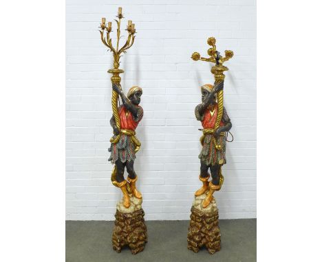 Pair of 20th century Blackamoor floor standing lamps, polychrome painted with gilt metal five branch candelabras,  27 x 199 x