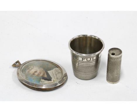 'Just a Thimble Full' novelty silver beaker, a small silver cylindrical box, perhaps for toothpicks and a white metal framed 