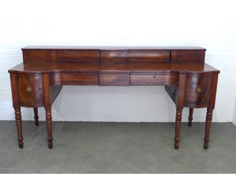 19th century mahogany stageback sideboard, on ring turned legs, 226 x 112 x 79cm. 