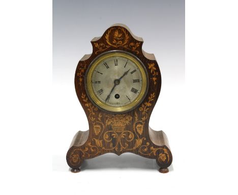 Early 20th century marquetry mantel clock, silvered circular dial with Roman numerals,  23cm 