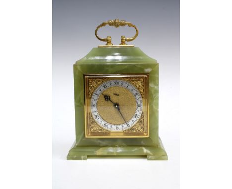 IMHOF green hardstone mantle clock, the dial with silvered chapter ring and roman numerals with gilt metal spandrels, 21cm 