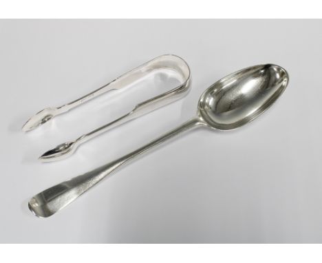 Georgian silver tablespoon, Hanoverian pattern, Alexander Gardiner, Edinburgh 1756 together with a  Fiddle pattern sugar tong