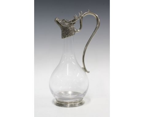 Pewter and glass Stags head claret decanter, 30cm 