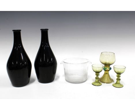 A pair of coloured glass decanter bottles, 24cm,  a Georgian glass rinser and three small continental glasses (6) 