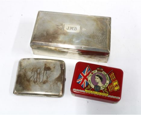 George V silver cigarette box, Birmingham 1934, (a/f) together with a silver cigarette case, London 1916 and a vintage QEII C