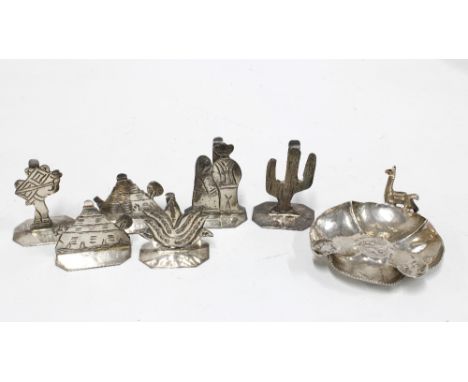 Set of six Mexican silver menu card holders by Sanborns, together with a white metal lobed dish with llamas (7) 