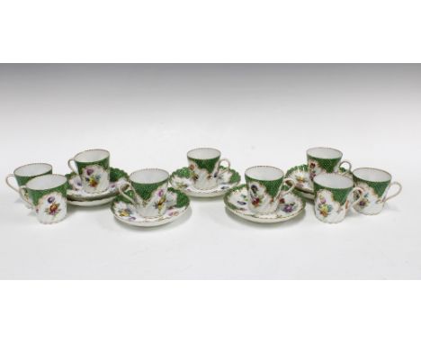 Dresden porcelain coffee can cups and saucers, green scale borders with floral sprays, (16) 