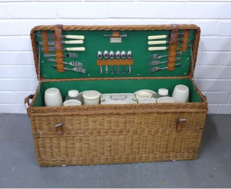 Vintage Coracle wicker picnic basket with contents, 72 x 32 x 27cm 