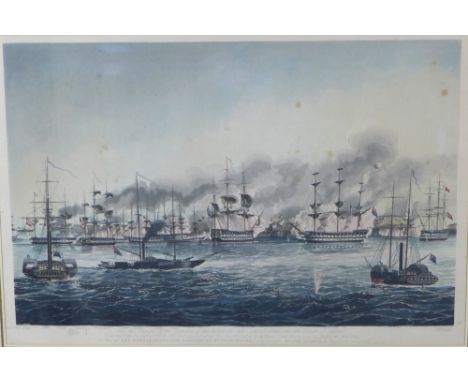 THE BOMBARDMENT AND CAPTURE OF JEAN D'ACRE, lithograph print, framed under glass, size overall 85 x 63cm 