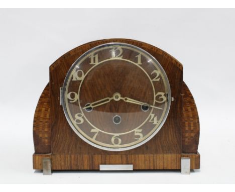 Art Deco walnut chiming mantel clock with chrome arabic numerals, 21cm 