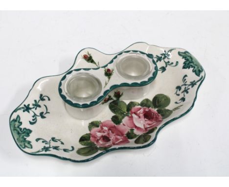 Wemyss pottery desk inkstand with cabbage roses pattern and two glass wells, impressed mark and Thomas Goode & Co retailers m