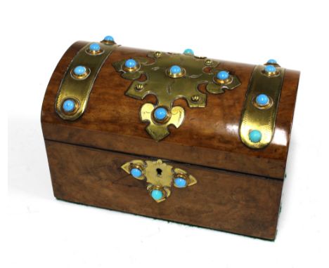 Victorian walnut tea caddy, bras mounted with  turquoise cabochons, two internal divisions, 20  x 12 x 11cm 