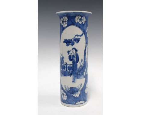 Chinese blue and white sleeve vase with a figural panel against a prunus ground, 30cm 