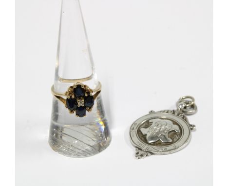 9ct gold sapphire and diamond cluster ring together with a silver fob medallion (2) 