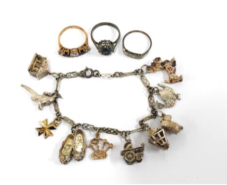 Vintage silver charm bracelet with silver charms and a 9ct gold bagpipe charm and a Maltese gold charm, together with 9ct gol