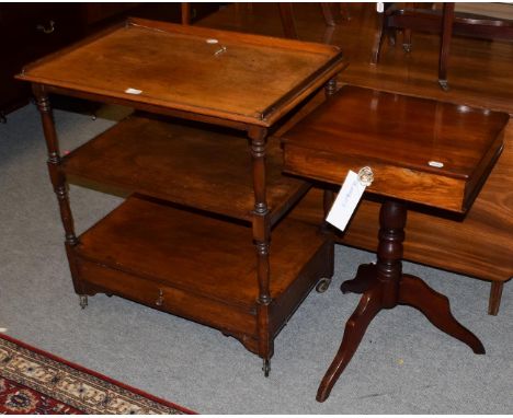 A 19th century mahogany tripod table fitted with a drawer; a mahogany three-tier whatnot of similar date; and a Vienna type s