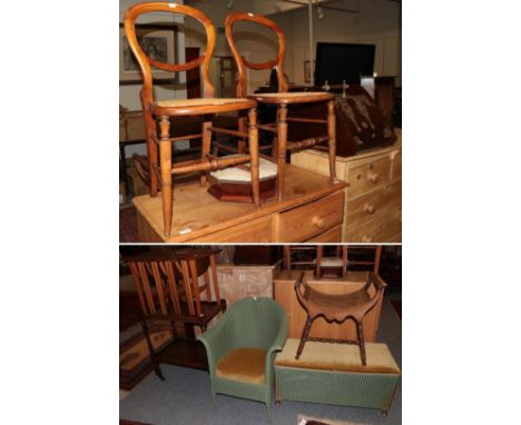 Two balloon-back cane seated chairs; a brass mounted coal box; a small hanging corner cupboard; a cane seated stool; a Lloyd 