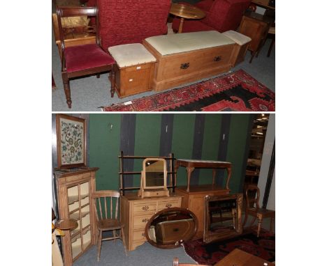 A group of furniture comprising an oak bedside cupboard; a 19th century chair; a needlework firescreen; a pine glazed hanging