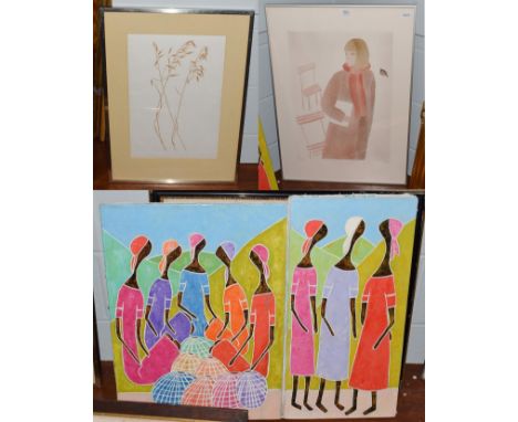 Hilome Jose (20th century) Two figural groups, signed, acrylic on canvas; together with Henry Evans 'Wild Oak' signed, lithog