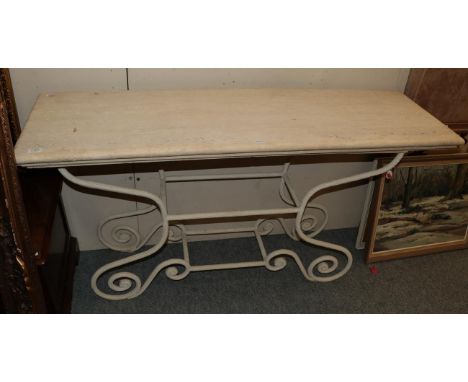 A console table with painted scroll cast wrought iron base and reconstituted marble top, 150cm by 45cm by 78cm high 