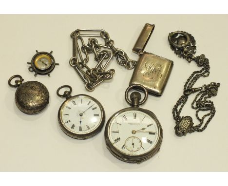 Two silver-cased open-face pocket watches, (both not working), a silver sovereign case, a silver Vesta case, two watch chains