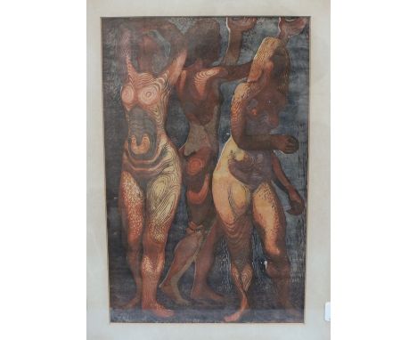 Follower of Henry Moore (20th century), 'Study of three female nudes', coloured print, possibly a lithograph, 31.5 x 21cm.