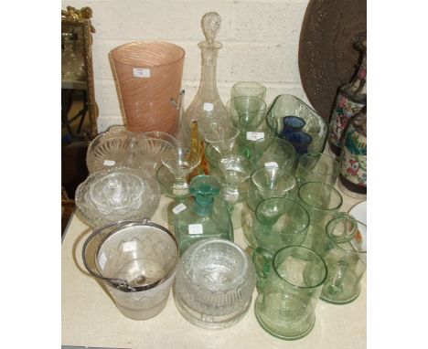 A set of six green bubble glass goblets with etched sailing ship decoration, a matching lozenge-shaped vase, other green bubb