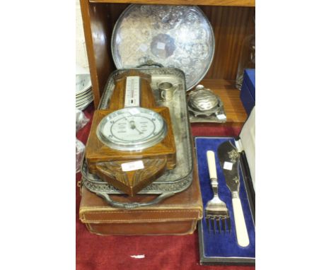 An oak barometer/thermometer, 48cm, a cased set of plated fish servers, other plated ware etc.