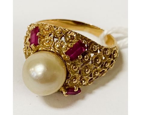 22 CT. GOLD PEARL &amp; RUBY RING - SIZE I