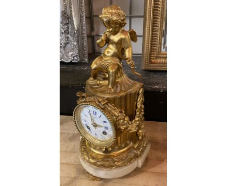 FRENCH ORMOLU MANTLE CLOCK WITH CHERUB TO TOP - ON MARBLE BASE 34CMS (H)