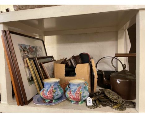Collection of cameras, horse brasses, copper kettle, fox hunting prints, Burslem Ware pottery, etc.