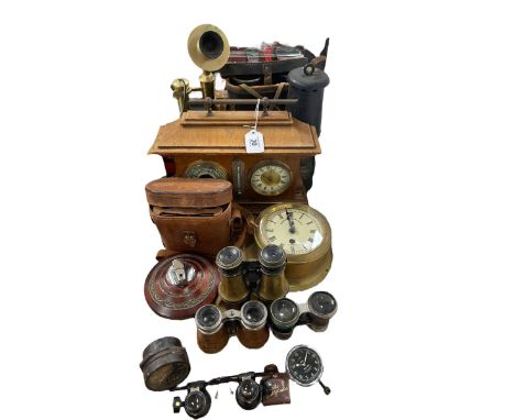Walnut clock barometer, Wolf mining lamp, binoculars, vintage brass telephone, Eureka pressure dial, Ronson table lighter, et
