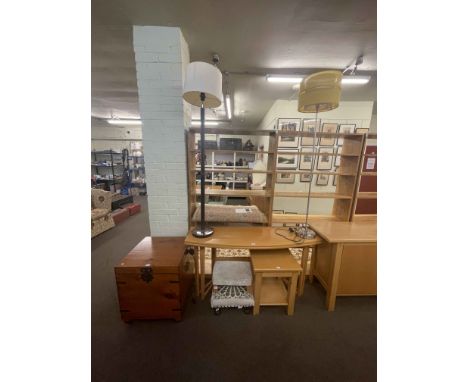 Beech finish fold top dining table, beech finish lamp table, two contemporary standard lamps, trunk and two stools (7).