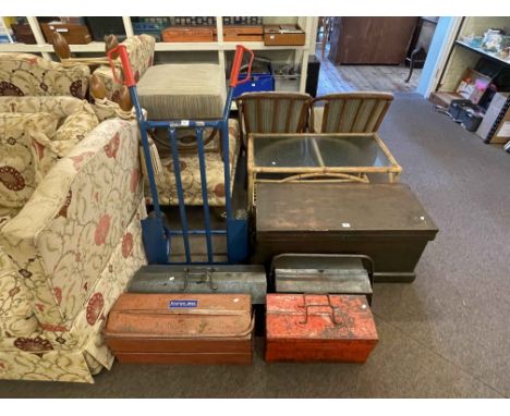 Collection of tool boxes with tools, wooden chest, planes, sack barrow, etc.