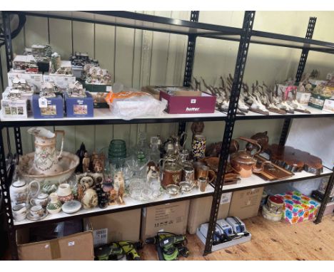 Collection of carved wood sculptures including Rhino, Hippo, clock, copper kettle, metalwares, decorative porcelain, glass, s