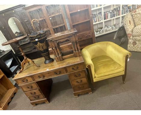 Edwardian inlaid mahogany tub chair, oak nest of three turned leg tables, Bevan Funnell Reprodux wine table and parasol shape