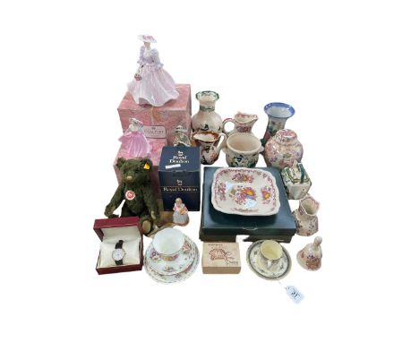 Steiff Classic bear, boxed Rotary watch, Coalport lady figurines, Masons, etc.