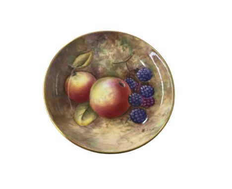 Small Royal Worcester circular hand painted apple and blackberry dish, signed B Cox, 9cm.
