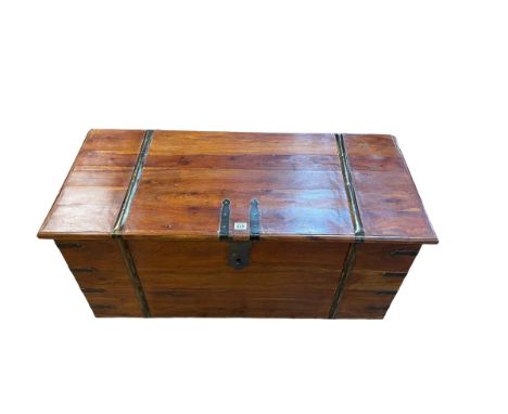Indian hardwood metal bound trunk, 48cm by 102cm by 45cm.