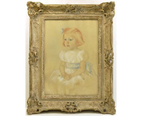 *  POWLIKOWSKA; Portrait of a Child seated, half length, wearing a white dress with blue belt and hair ribbon and holding a b