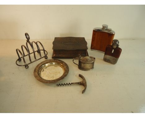 A glass and leather covered Hip Flask with plated cup and cover, another hip flask, plated toast rack, oval mustard pot and o